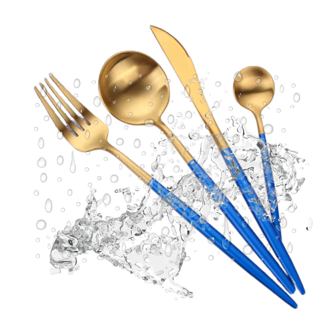 Curve Besteckset in Blau-Gold – 24-teilig aus Edelstahl, für Familienessen & festliche Einladungen