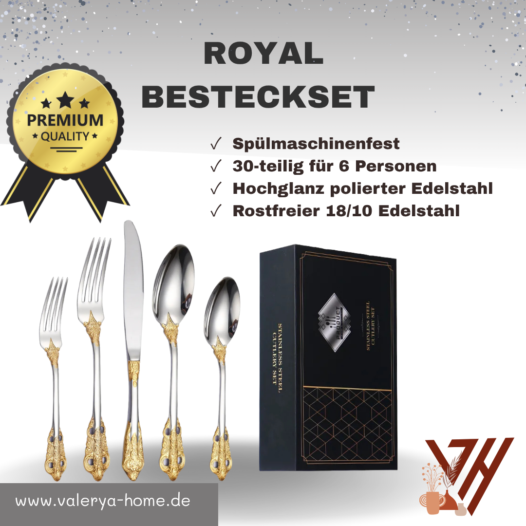 Royal Besteckset in Silber – 24-teilig aus Edelstahl, mit Barock-Design, für stilvolle Dinner & täglichen Gebrauch