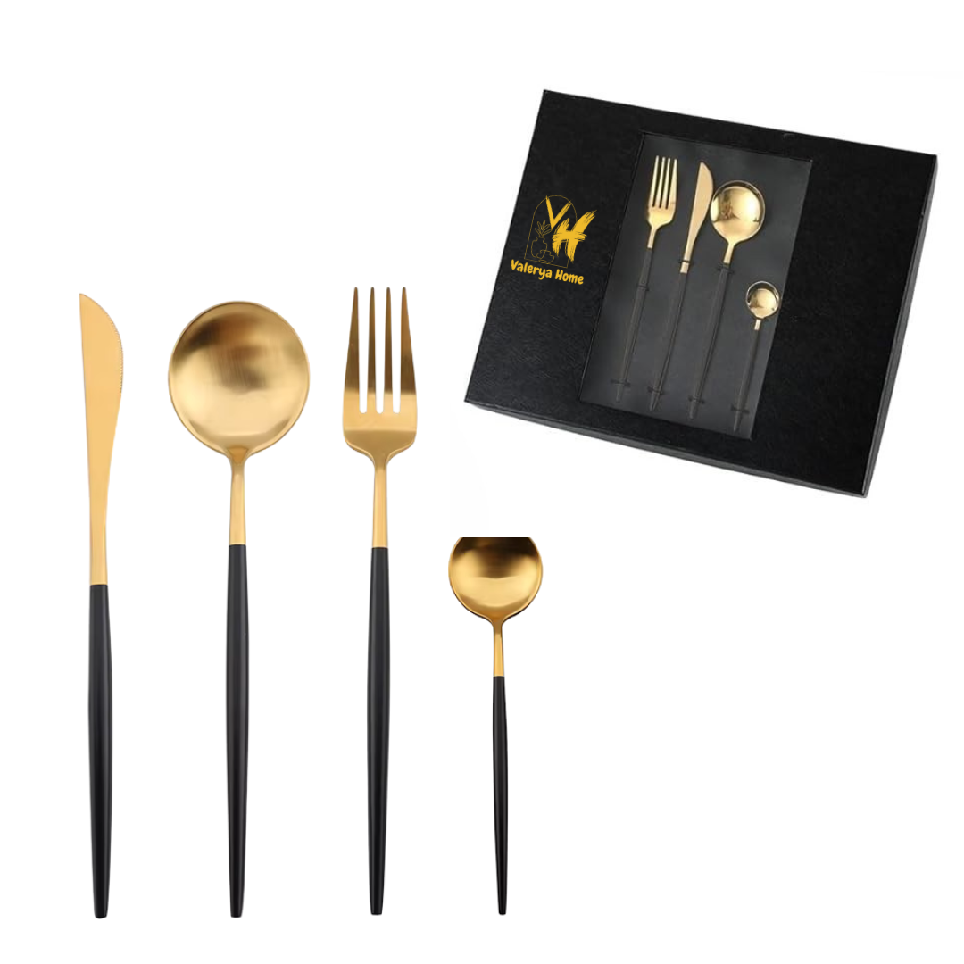 Curve Besteckset in Schwarz-Gold – 24-teilig aus Edelstahl, für stilvolle Dinner & täglichen Gebrauch