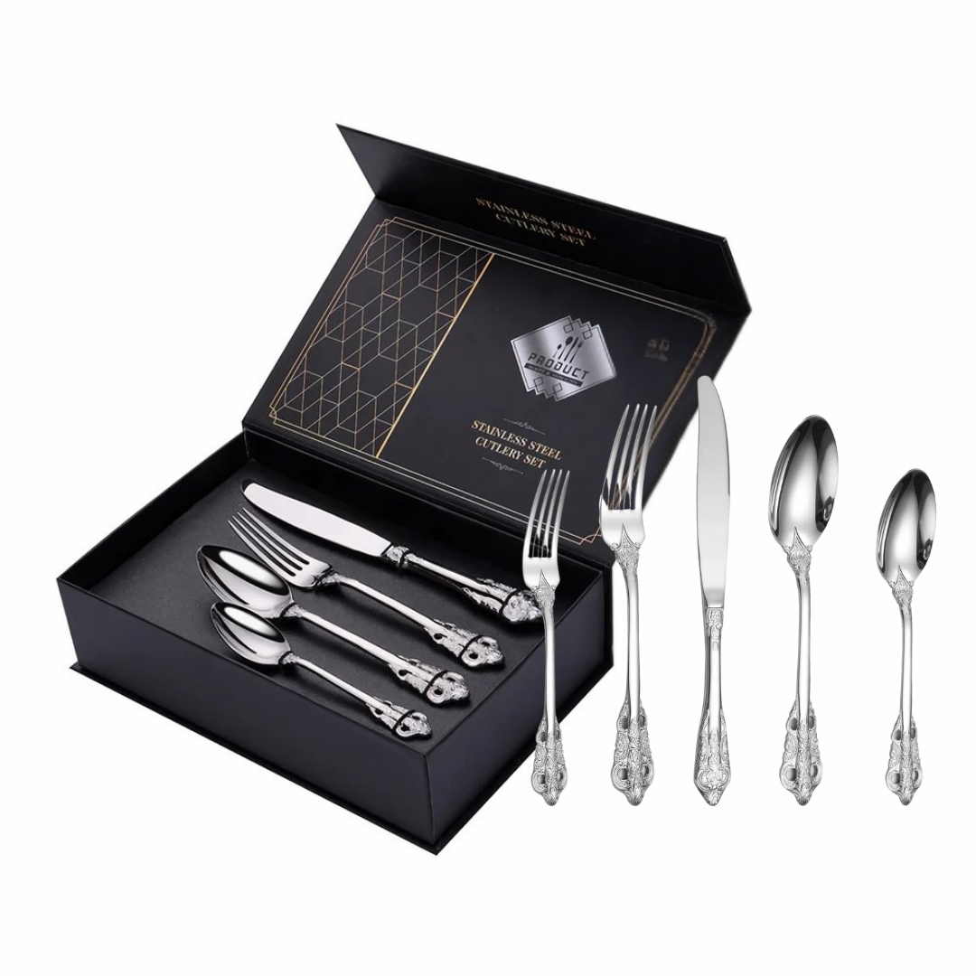 Royal Besteckset in Silber – 24-teilig aus Edelstahl, mit Barock-Design, für stilvolle Dinner & täglichen Gebrauch