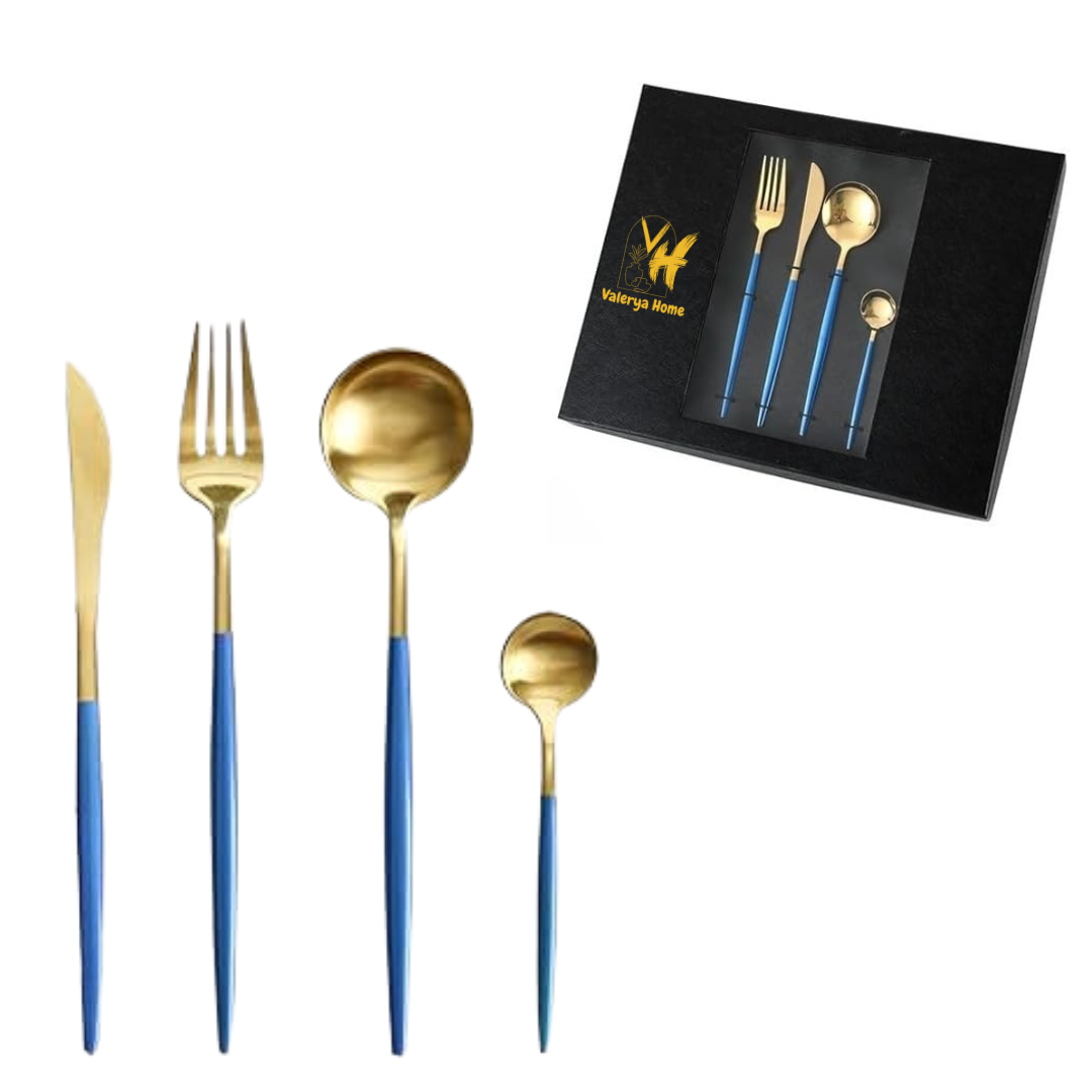 Curve Besteckset in Blau-Gold – 24-teilig aus Edelstahl, für Familienessen & festliche Einladungen