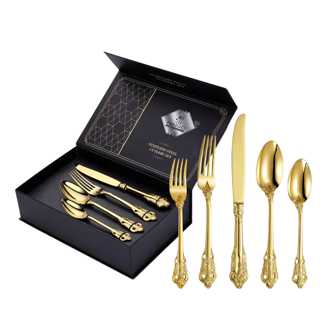 Royal Besteckset in Gold – 24-teilig aus Edelstahl, mit Barock-Design, für stilvolle Dinner & täglichen Gebrauch