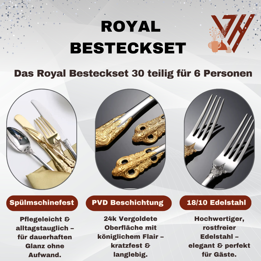 Royal Besteckset in Silber – 24-teilig aus Edelstahl, mit Barock-Design, für stilvolle Dinner & täglichen Gebrauch