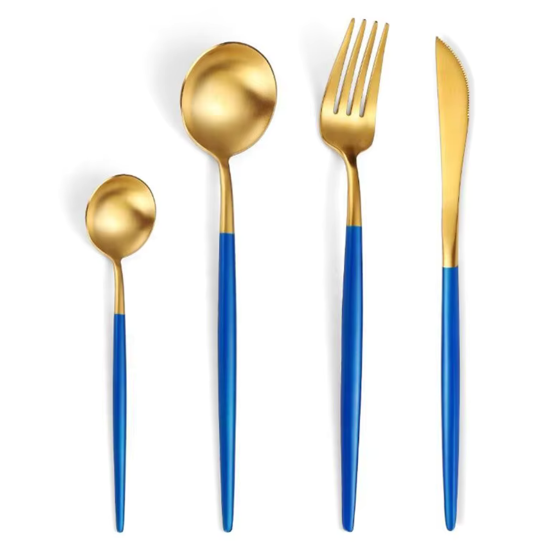 Curve Besteckset in Blau-Gold – 24-teilig aus Edelstahl, für Familienessen & festliche Einladungen