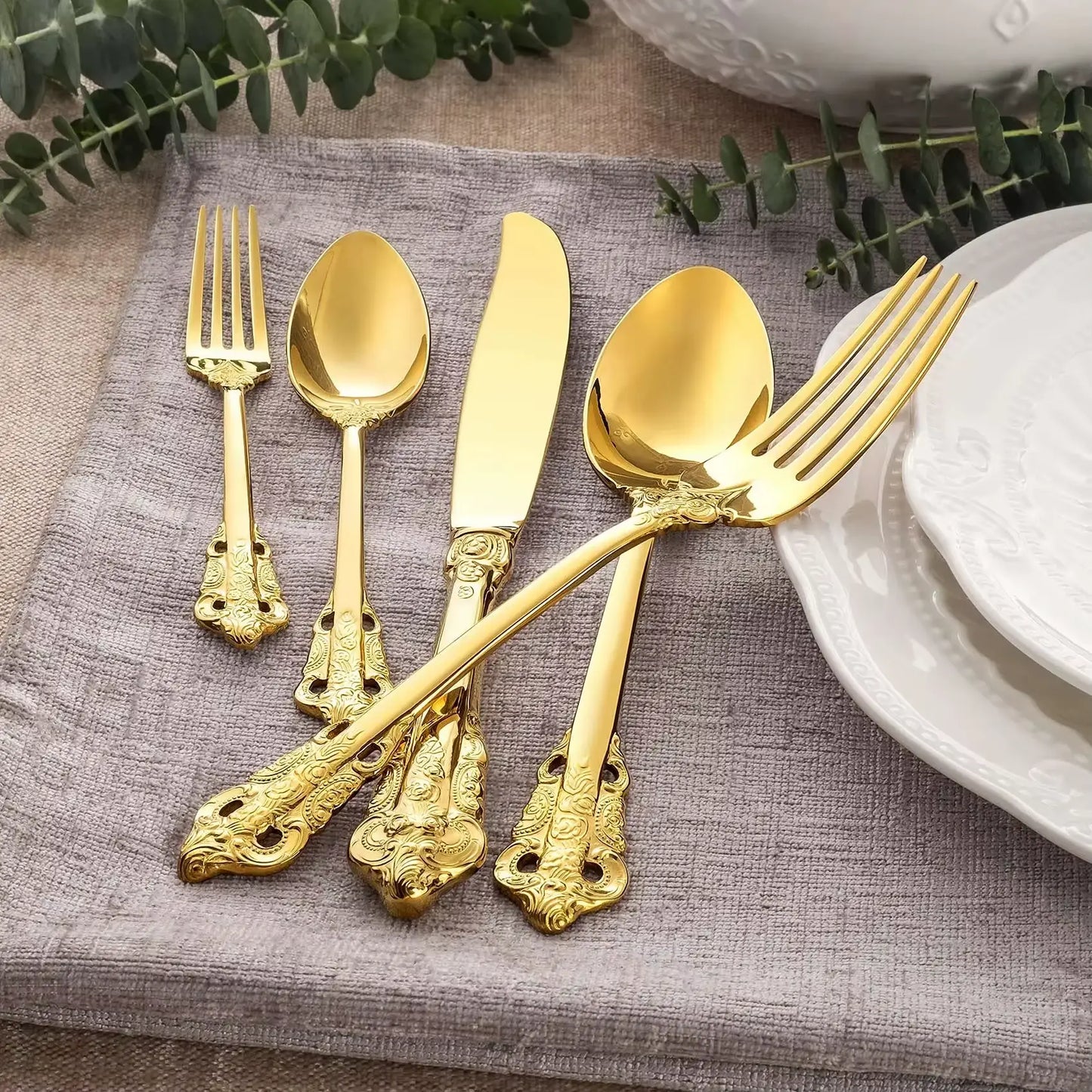 Royal Besteckset in Gold – 24-teilig aus Edelstahl, mit Barock-Design, für stilvolle Dinner & täglichen Gebrauch