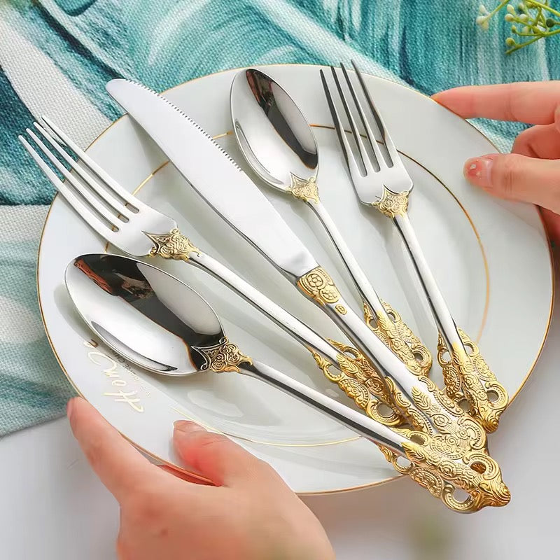 Royal Besteckset Silber-Gold – 24-teilig aus Edelstahl, mit Barock-Design, perfekt für Alltag, Gäste & besondere Anlässe