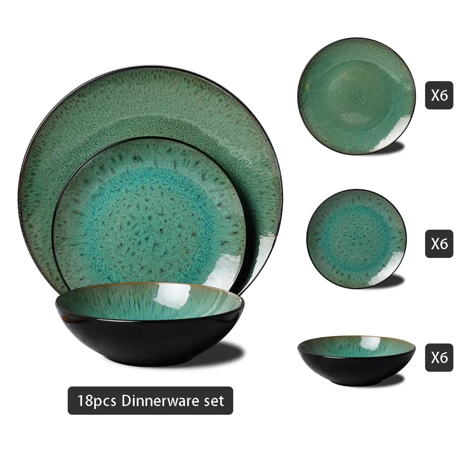 Jade Green Keramik Geschirrset 18-teilig – Naturgrün Design für 6 Personen