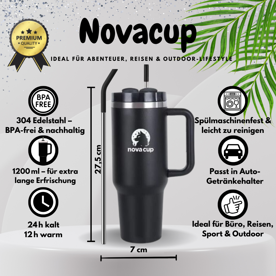 NOVACUP 1200ml Edelstahl Thermobecher – 24h kalt / 12h warm – Mit Strohhalm & Auto-Getränkehalter – BPA-frei & Spülmaschinenfest