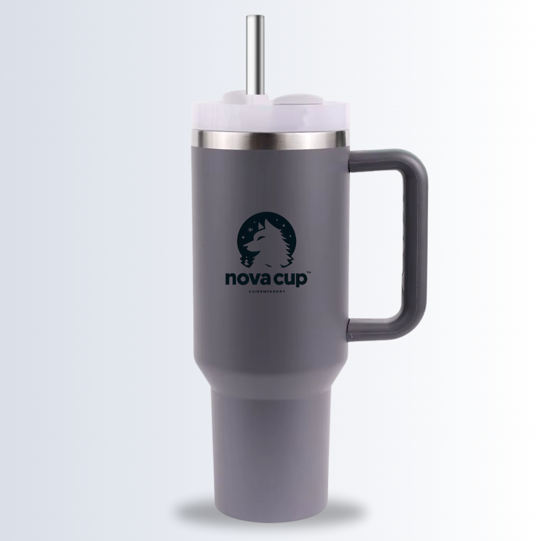 NOVACUP 1200ml Edelstahl Thermobecher in Stone Grey – aus Edelstahl, BPA-frei, spülmaschinenfest, mit Strohhalm