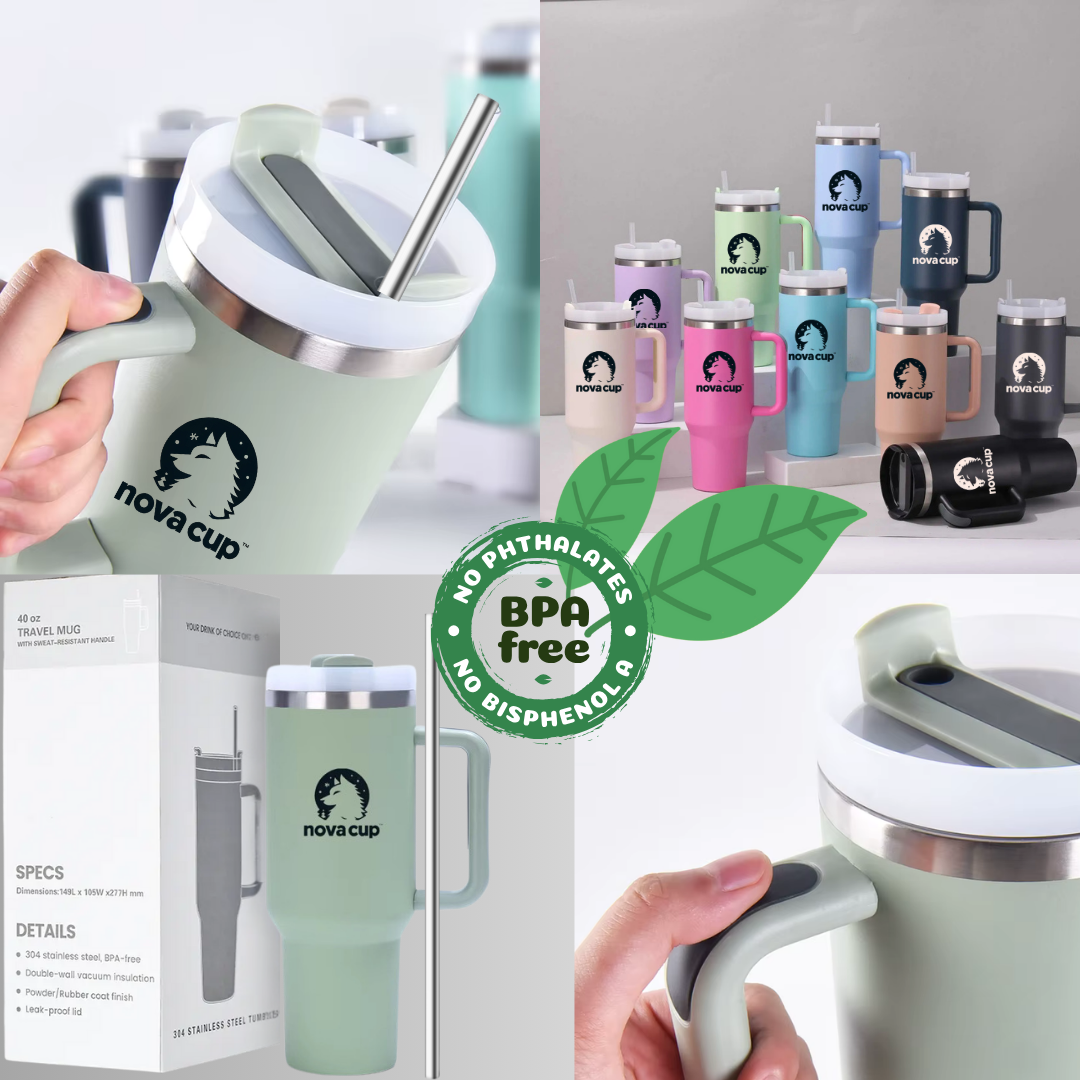 NOVACUP 1200ml Edelstahl Thermobecher – 24h kalt / 12h warm – Mit Strohhalm & Auto-Getränkehalter – BPA-frei & Spülmaschinenfest