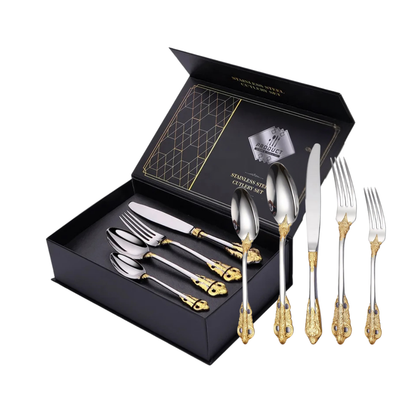 Royal Besteckset Silber-Gold  – 24-teilig aus Edelstahl, mit Barock-Design, perfekt für Alltag, Gäste & besondere Anlässe