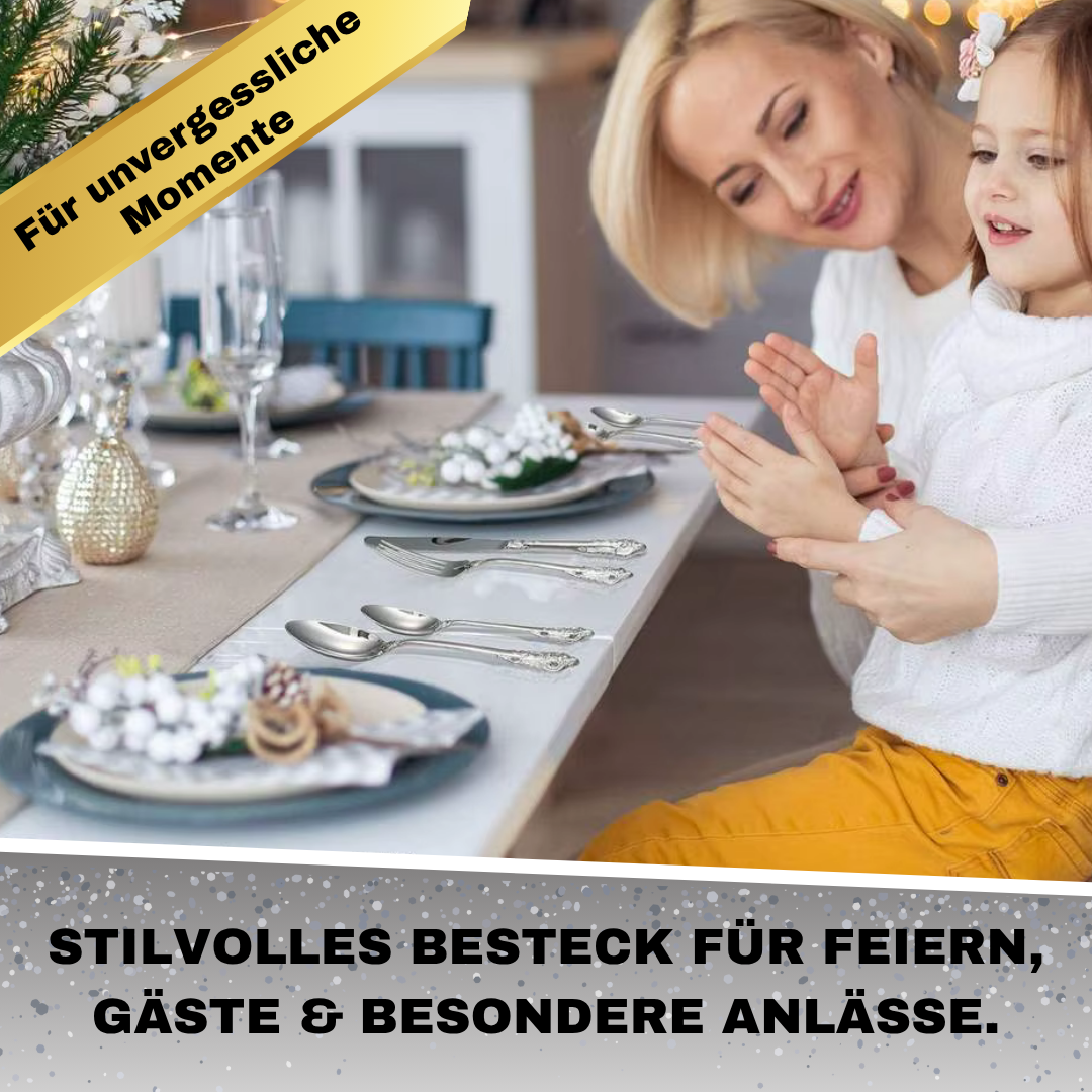 Royal Besteckset in Silber – 24-teilig aus Edelstahl, mit Barock-Design, für stilvolle Dinner & täglichen Gebrauch