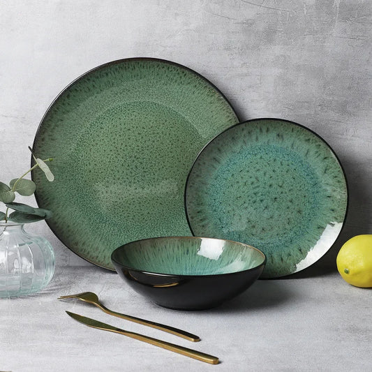 Jade Green Keramik Geschirrset 18-teilig – Naturgrün Design für 6 Personen